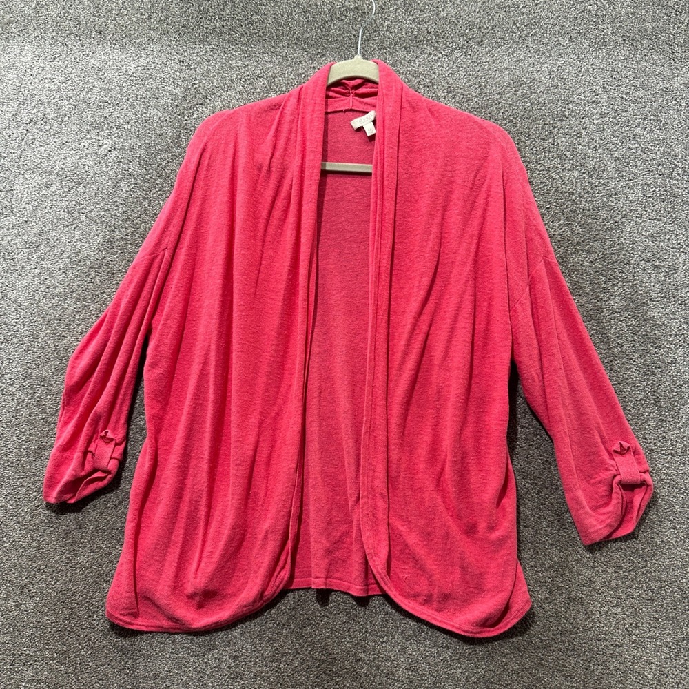 Talbots Cardigan Sweater Women Large Petite Pink Open Front Roll Tab Linen Blend